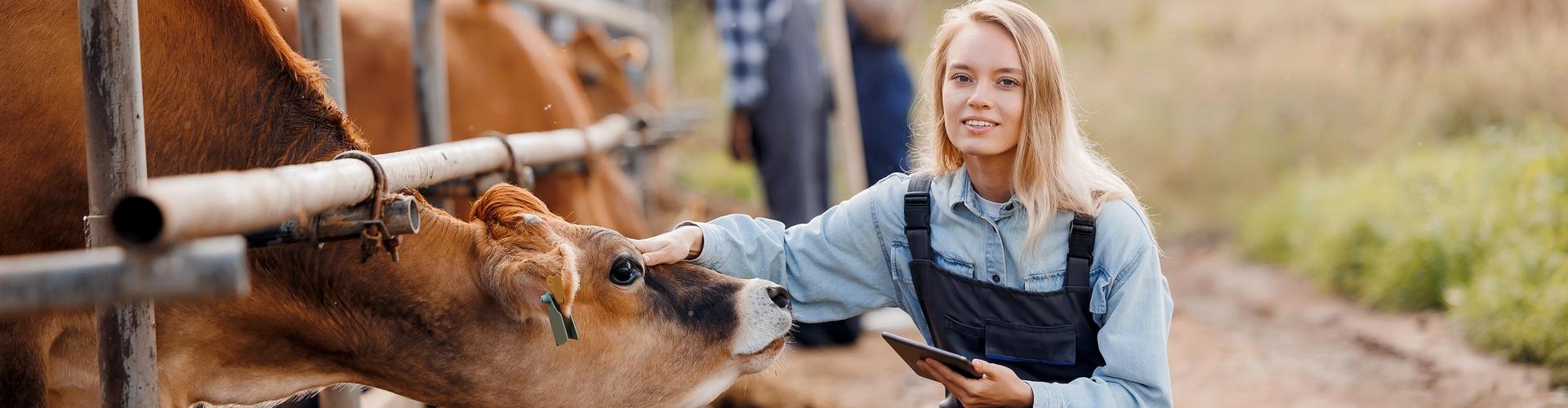 Eine junge Frau mit einem Overall hockt vor einem Stall und streichelt eine Kuh Eine junge Frau mit einem Overall hockt vor einem Stall und streichelt eine Kuh