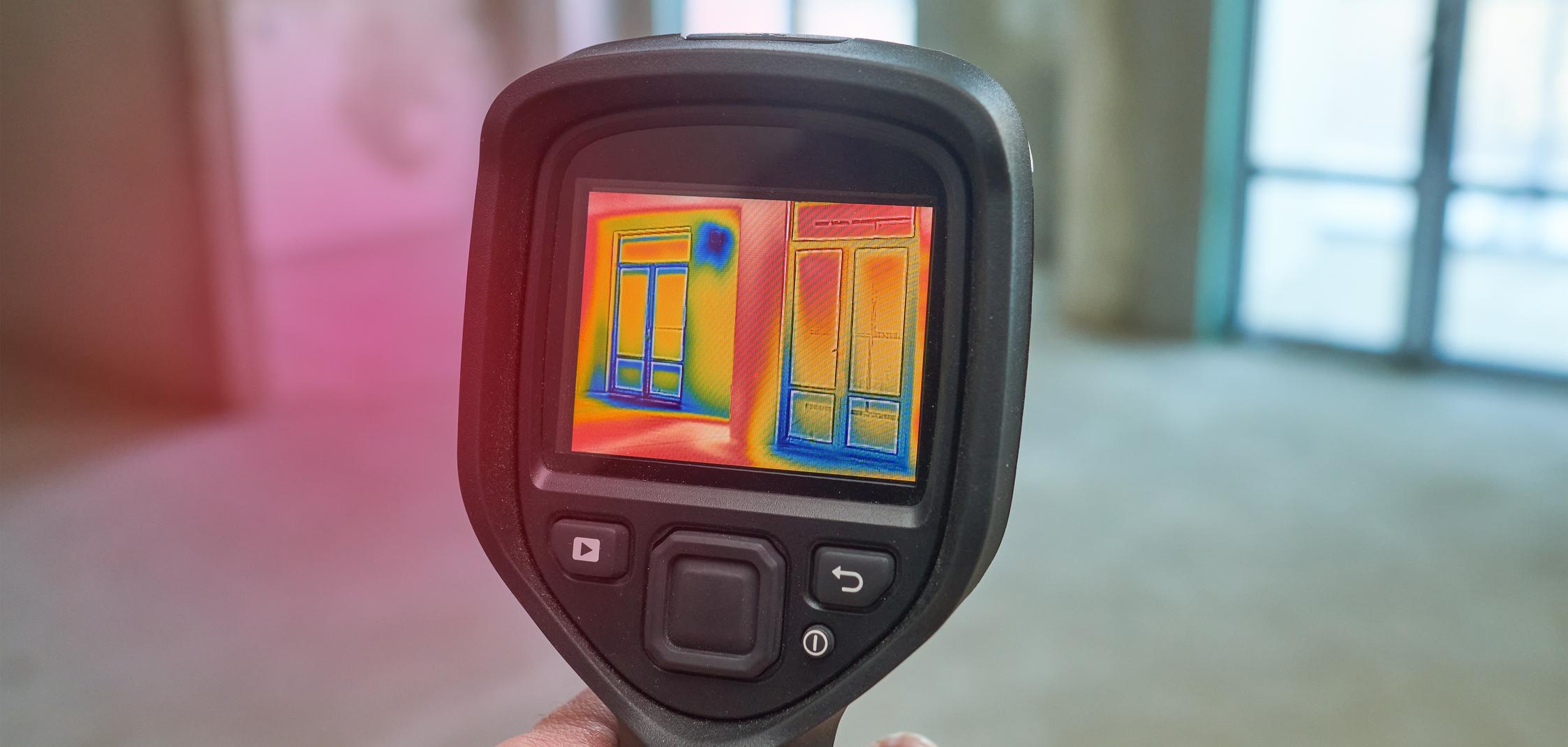 Eine Wärmebildkamera ist auf ein Haus gerichtet und zeigt Wärmeverluste Eine Wärmebildkamera ist auf ein Haus gerichtet und zeigt Wärmeverluste